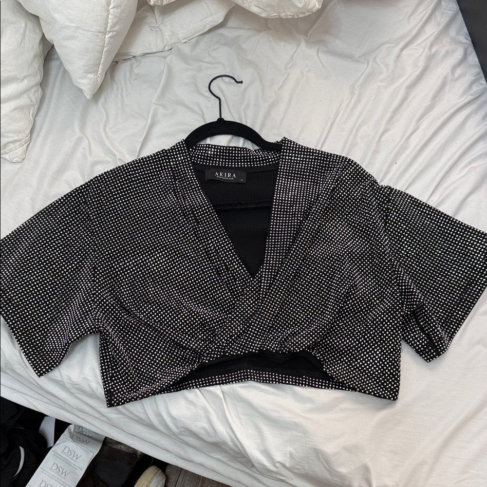 AKIRA Black Cropped Wrap Top with Silver Dot Embellishment